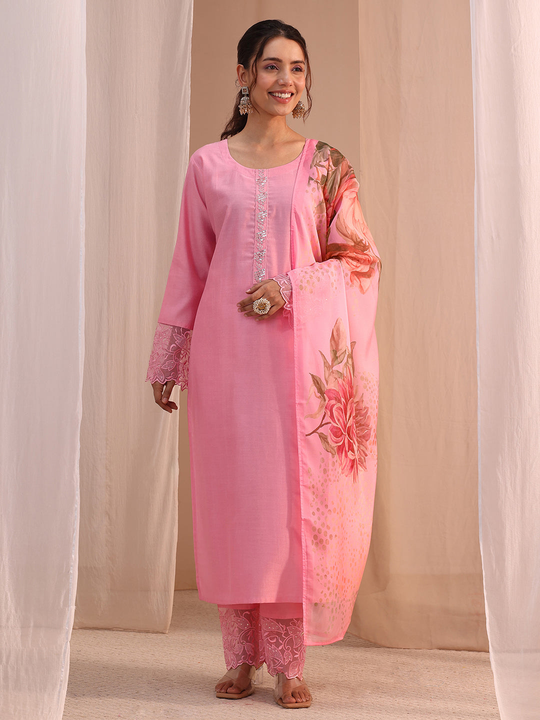 Libas Pink Solid Silk Blend Straight Suit Set
