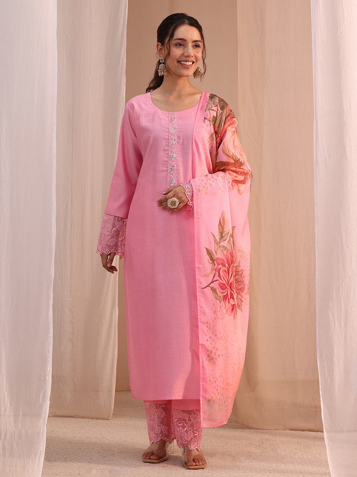 Libas Pink Solid Silk Blend Straight Suit Set