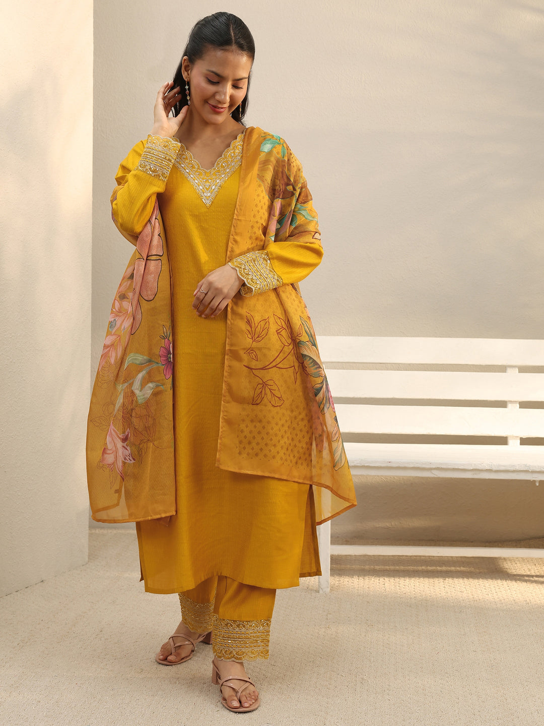Mustard Yoke Design Silk Blend Straight Suit Set