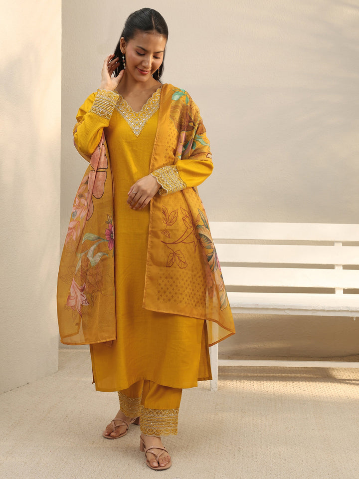 Mustard Yoke Design Silk Blend Straight Suit Set