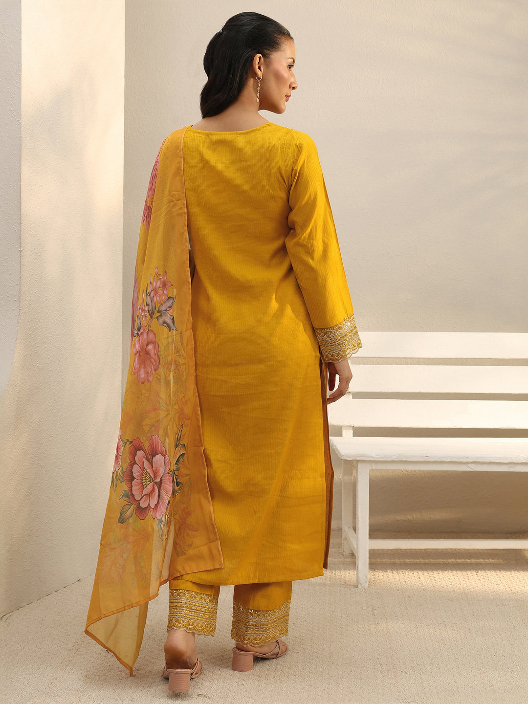 Mustard Yoke Design Silk Blend Straight Suit Set