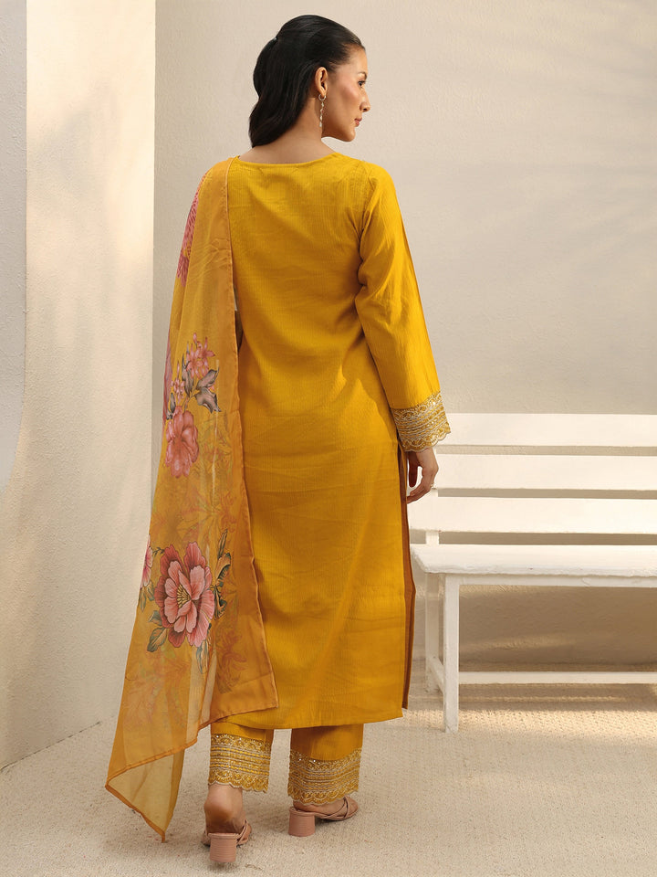 Mustard Yoke Design Silk Blend Straight Suit Set