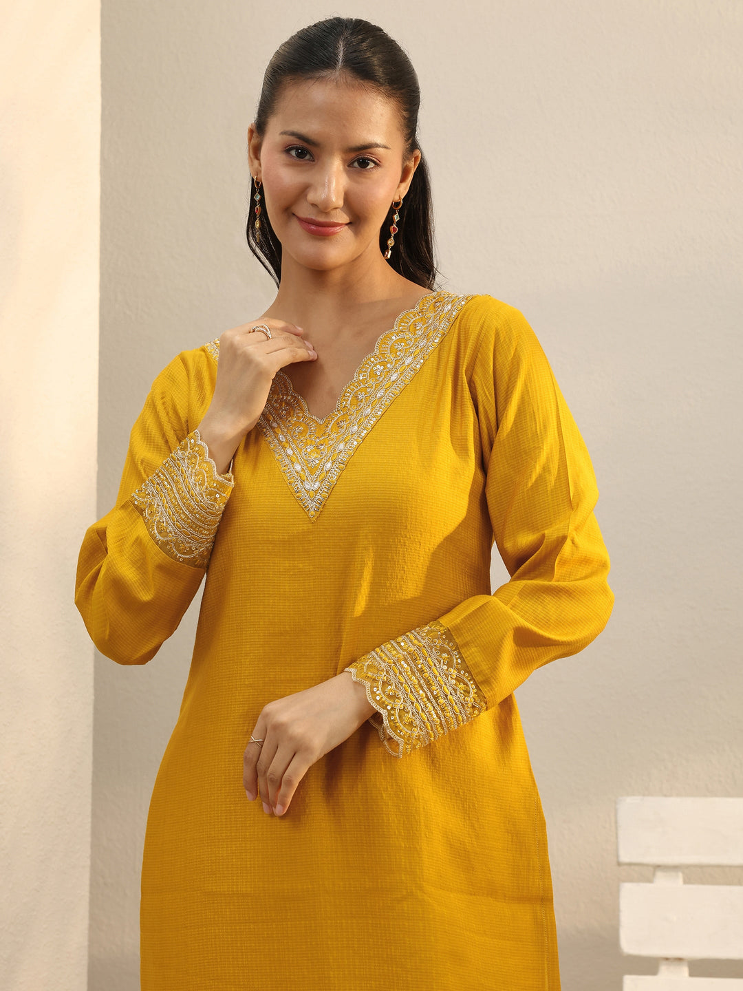 Mustard Yoke Design Silk Blend Straight Suit Set