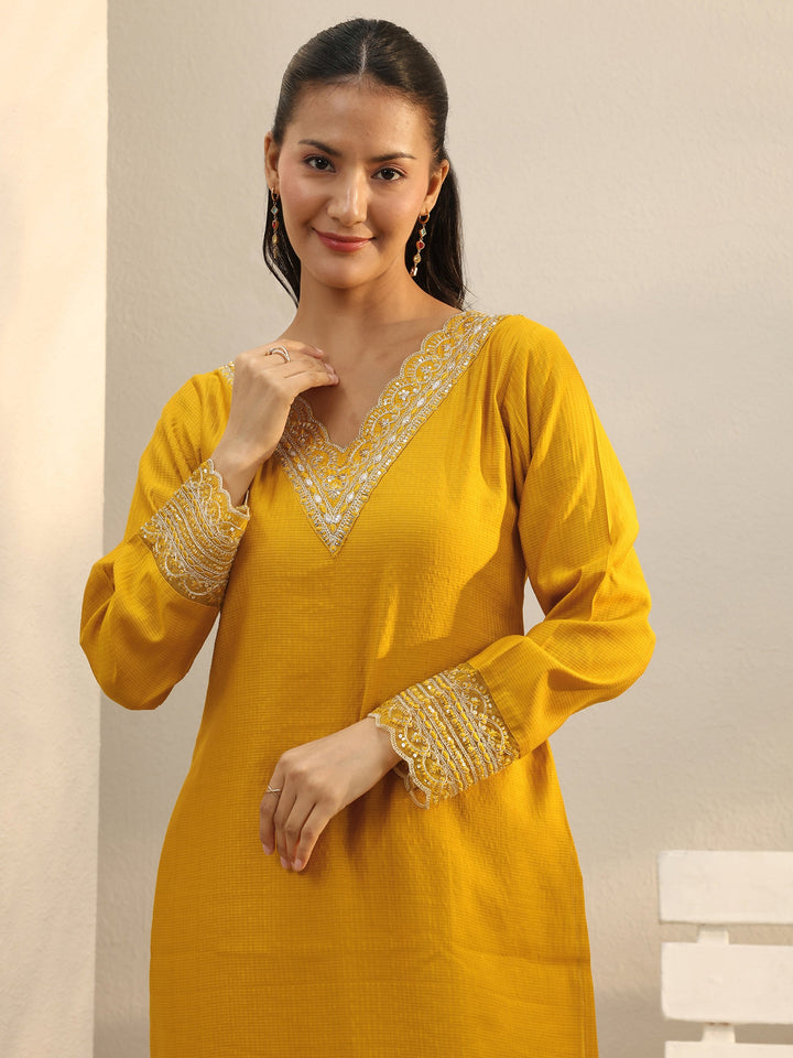 Mustard Yoke Design Silk Blend Straight Suit Set