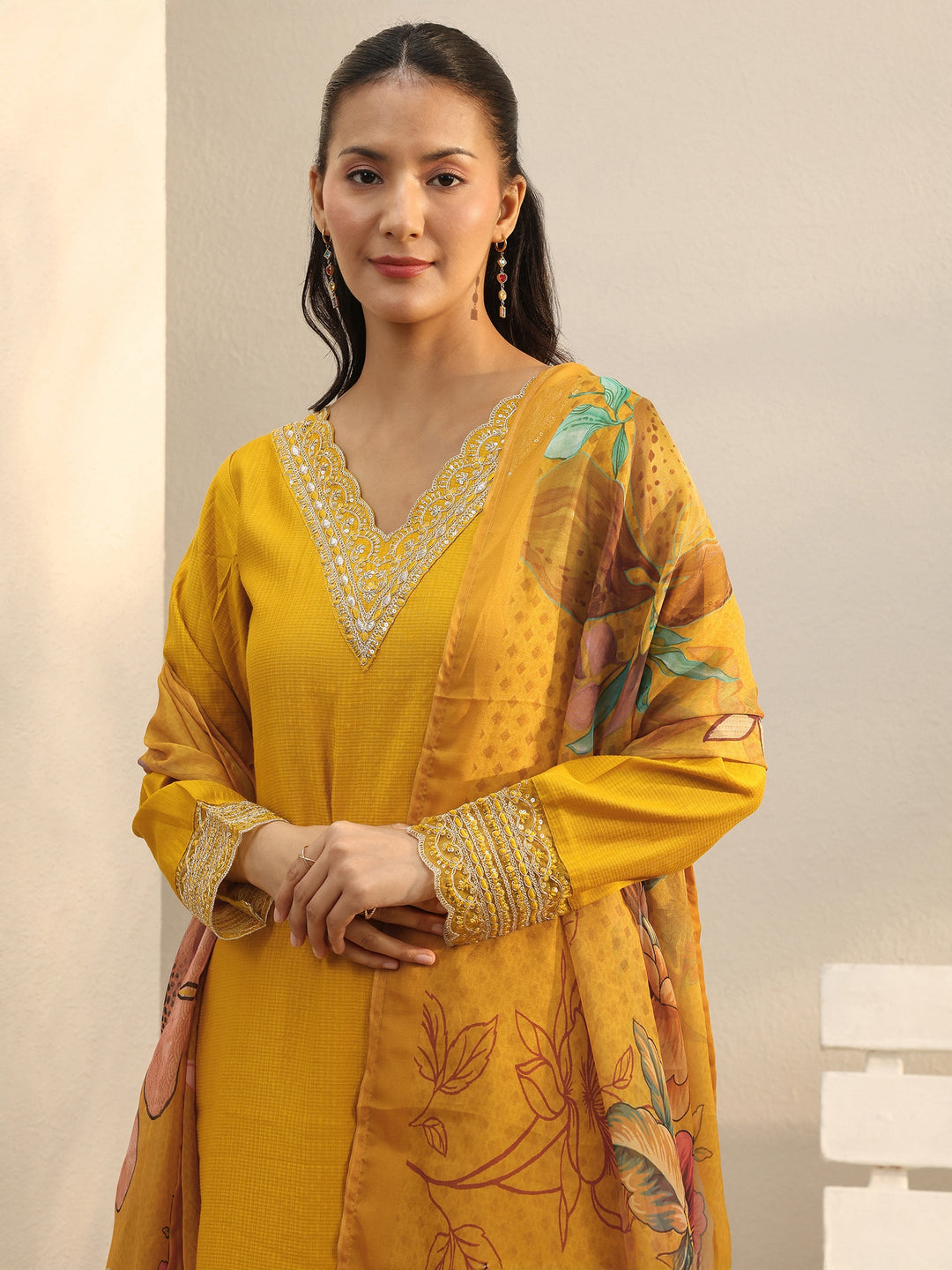 Mustard Yoke Design Silk Blend Straight Suit Set