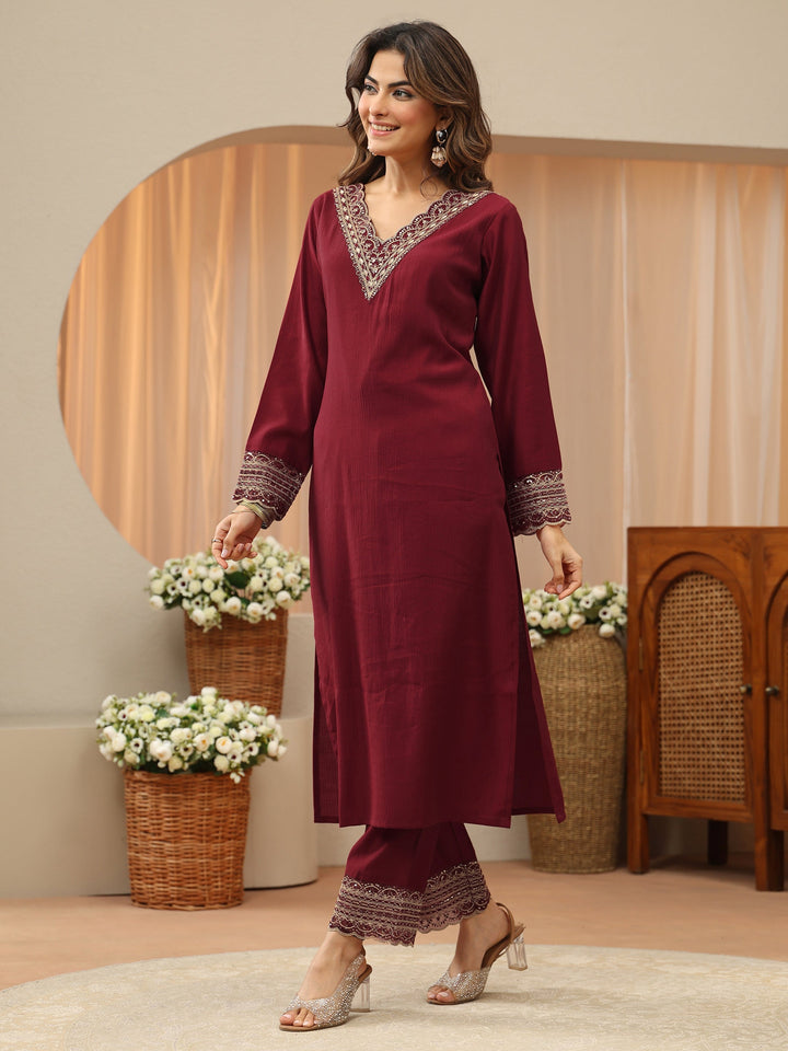 Cardinal Red Yoke Design Silk Blend Straight Suit Set