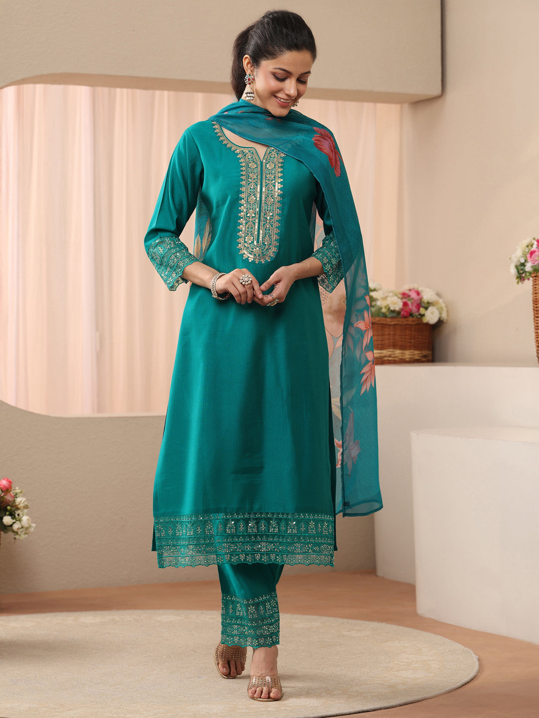 Turquoise Blue Embellished Silk Blend Straight Suit Set