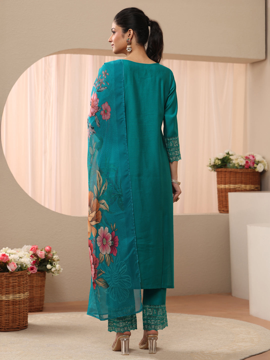 Turquoise Blue Embellished Silk Blend Straight Suit Set