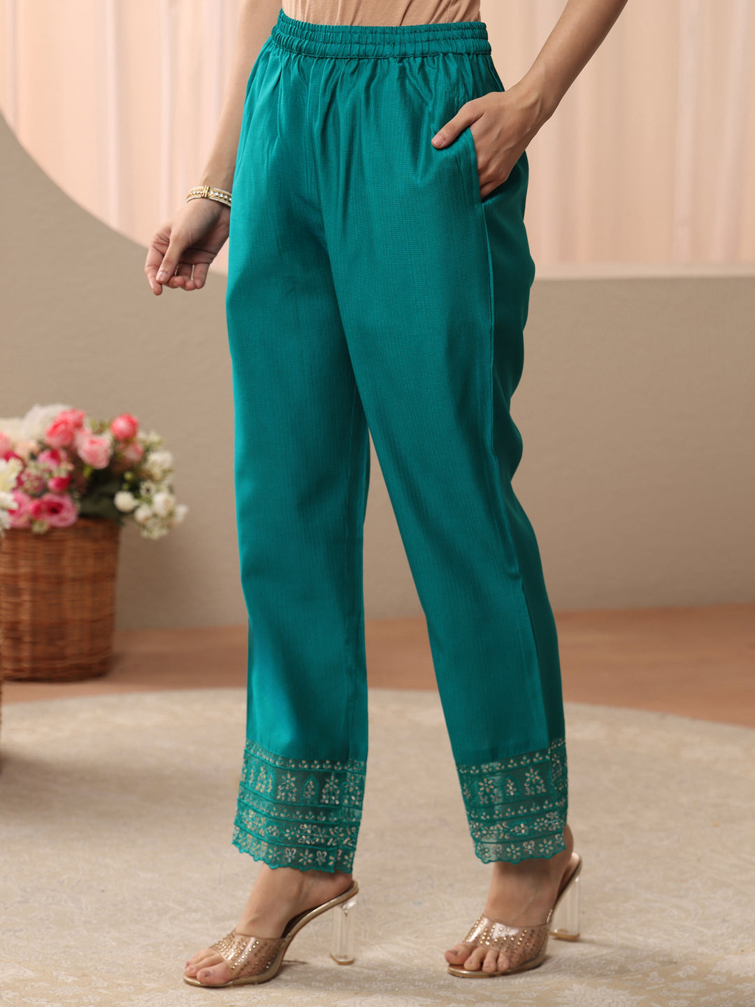 Turquoise Blue Embellished Silk Blend Straight Suit Set