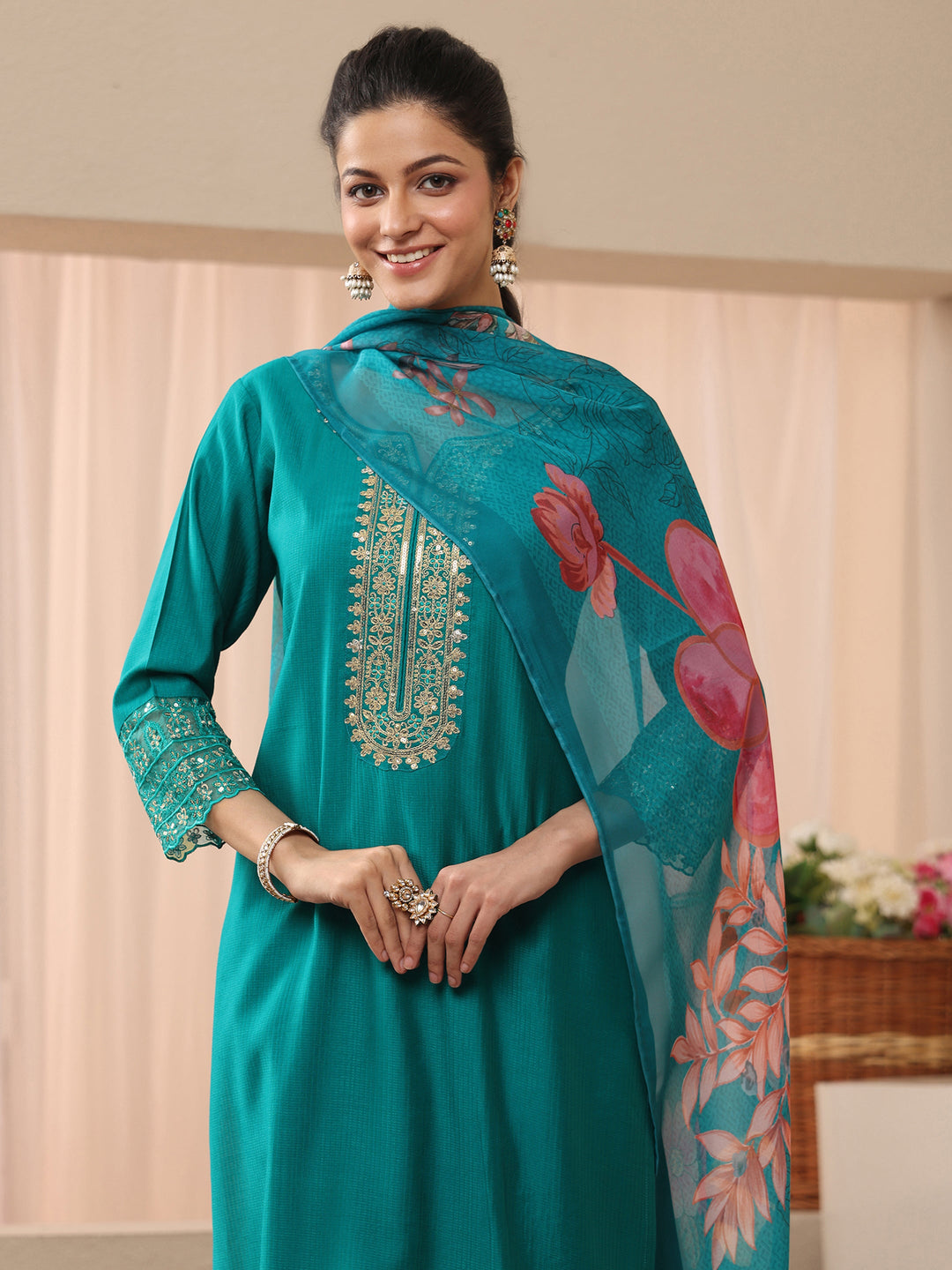 Turquoise Blue Embellished Silk Blend Straight Suit Set