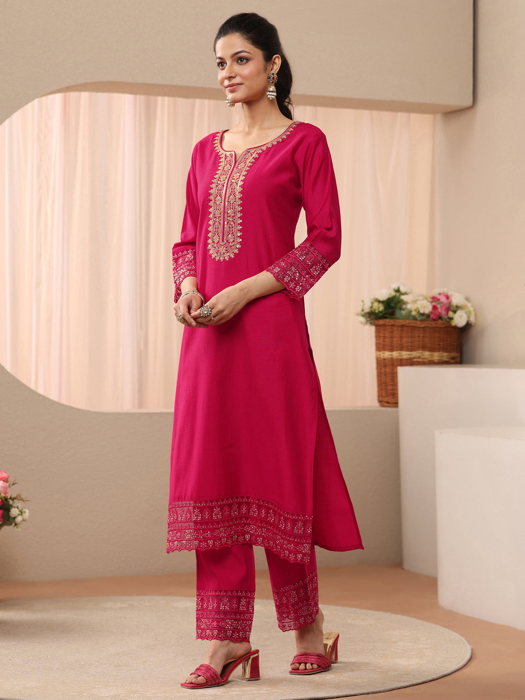 Red Embellished Silk Blend Straight Suit Set