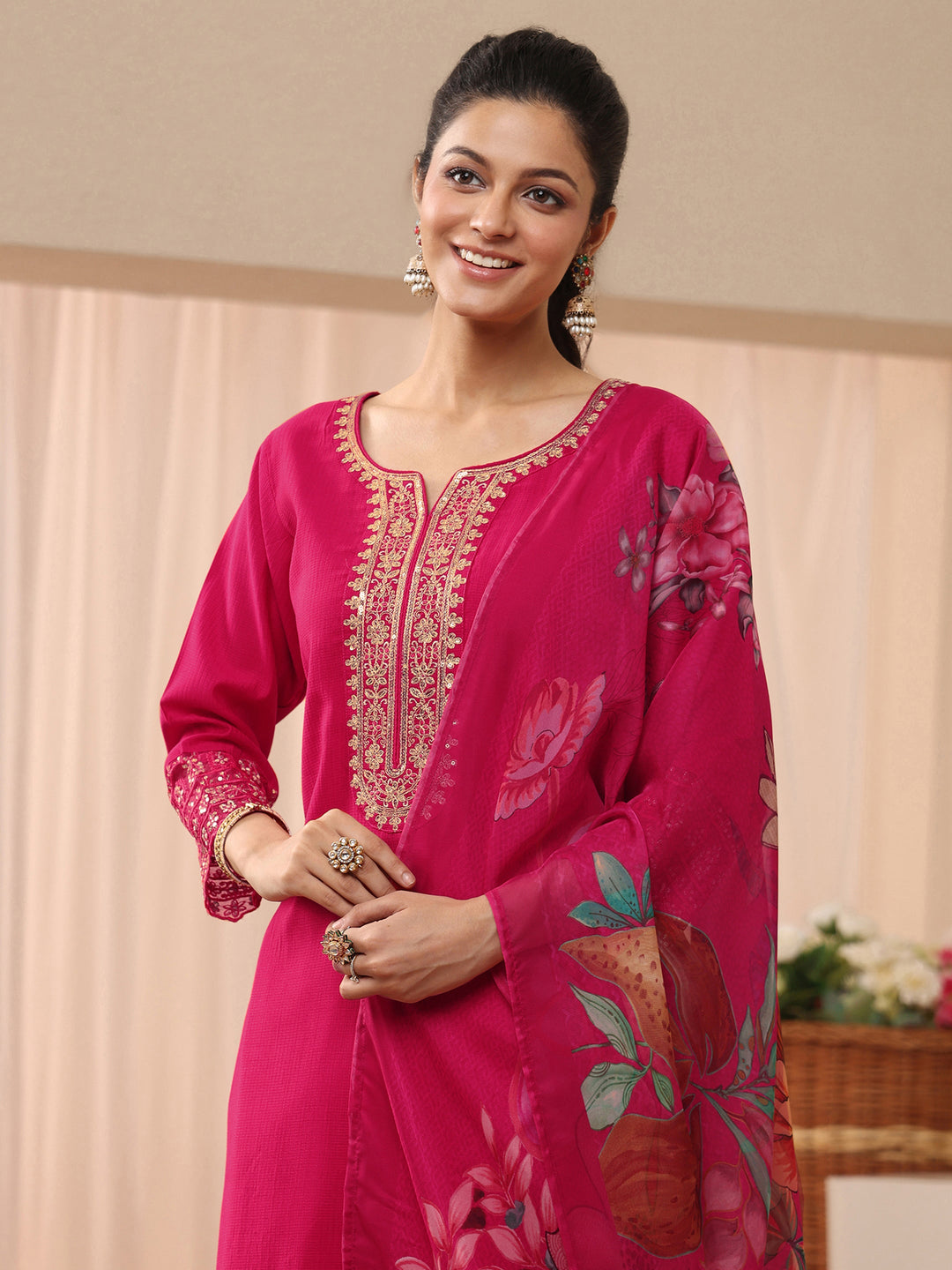 Red Embellished Silk Blend Straight Suit Set