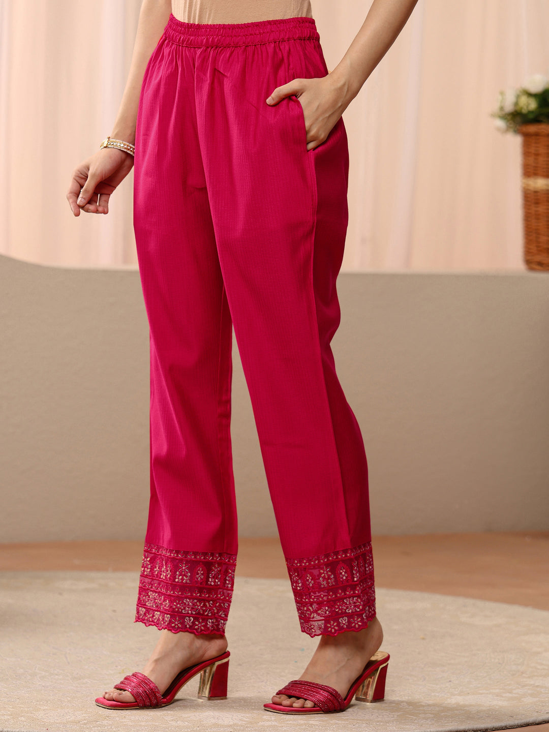 Red Embellished Silk Blend Straight Suit Set