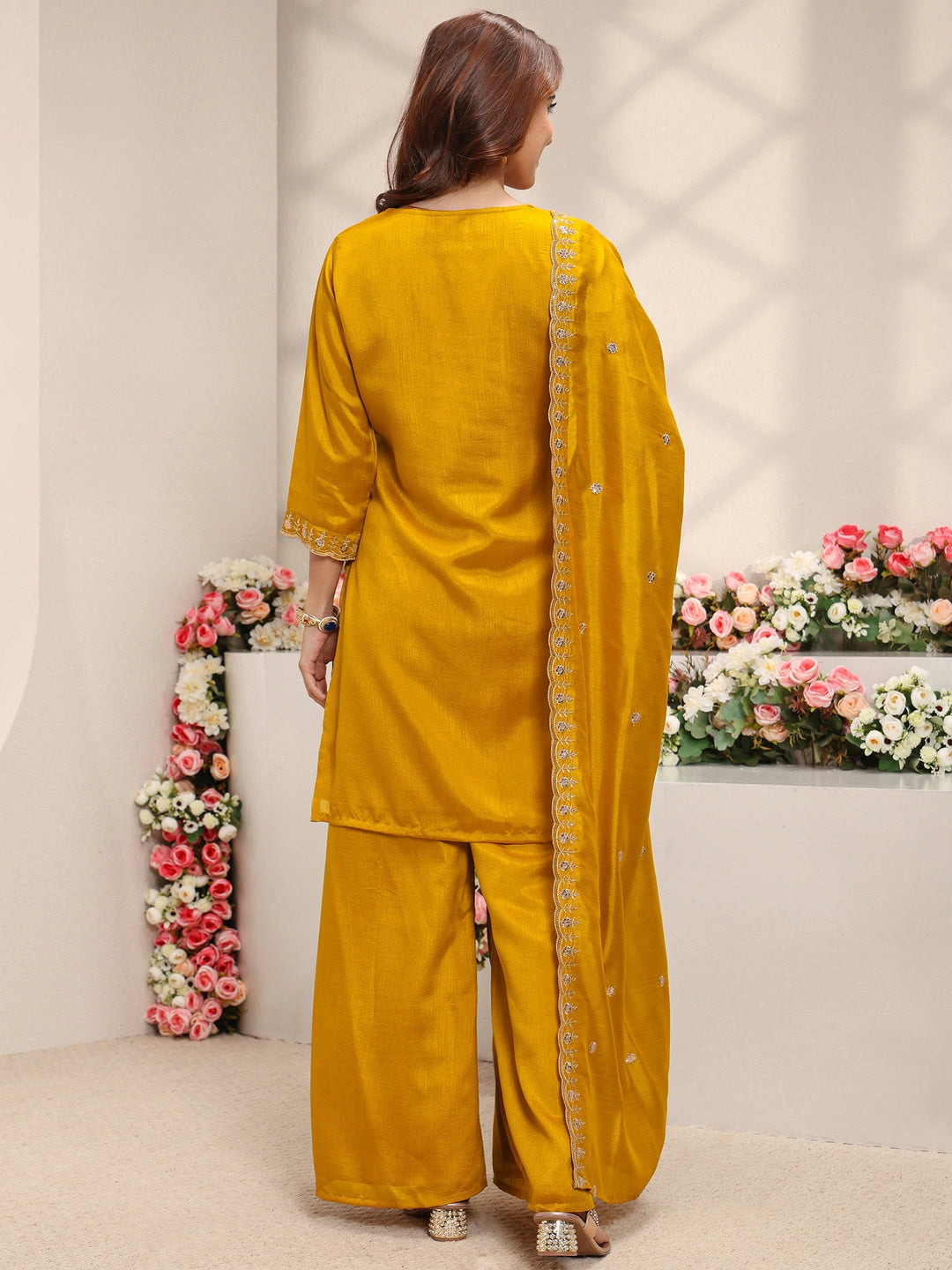 Mustard Floral Embroidered Silk Blend Straight Suit Set With Dupatta