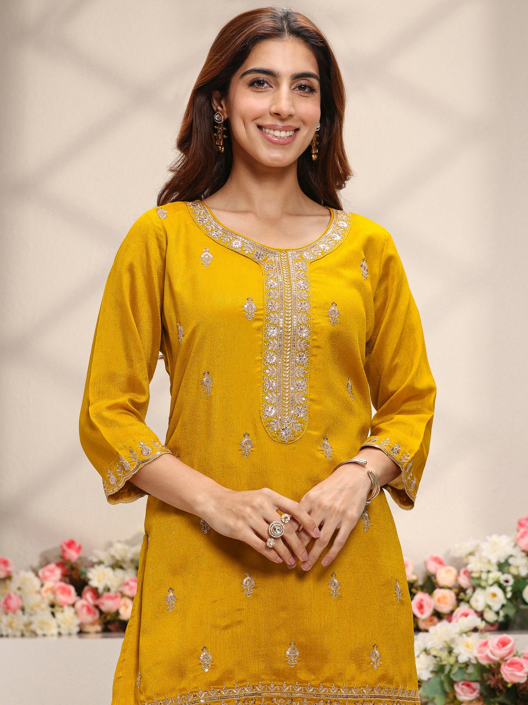 Mustard Floral Embroidered Silk Blend Straight Suit Set With Dupatta