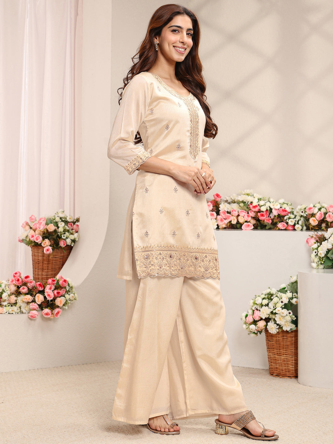 Ivory Floral Embroidered Silk Blend Straight Suit Set With Dupatta