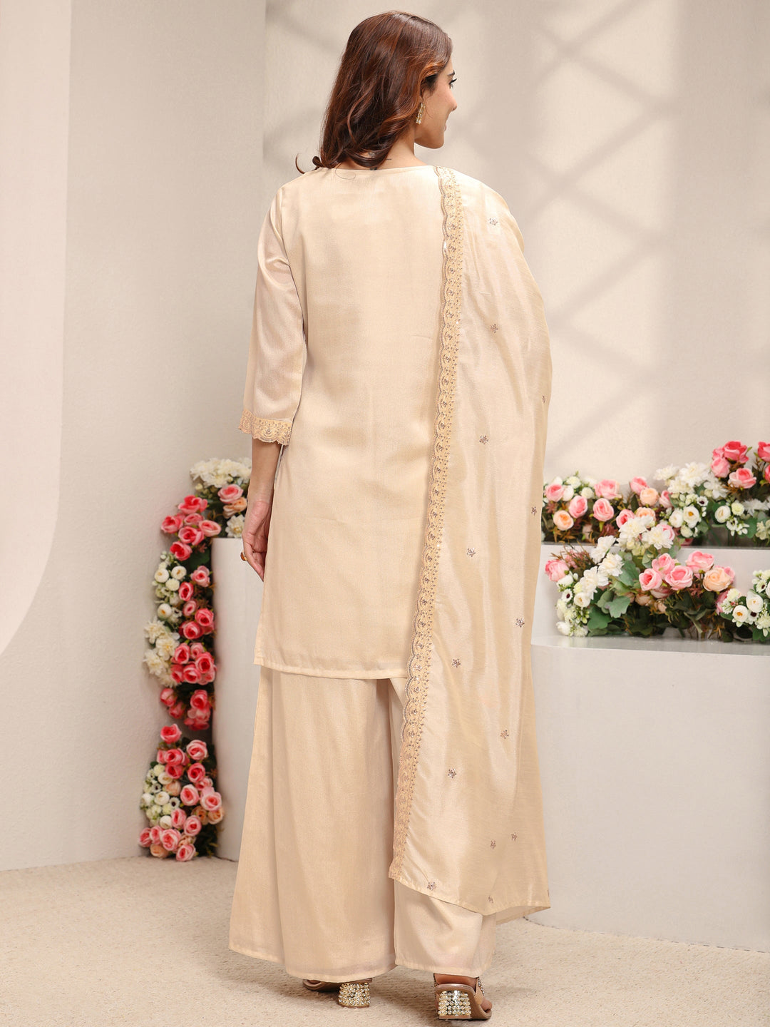 Ivory Floral Embroidered Silk Blend Straight Suit Set With Dupatta