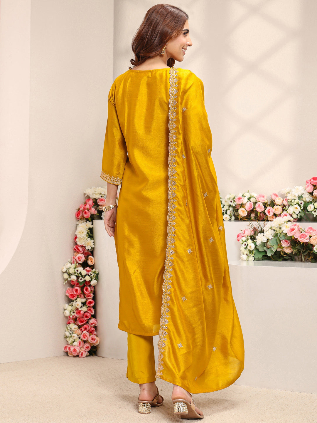 Mustard Embroidered Silk Blend Straight Suit Set With Dupatta