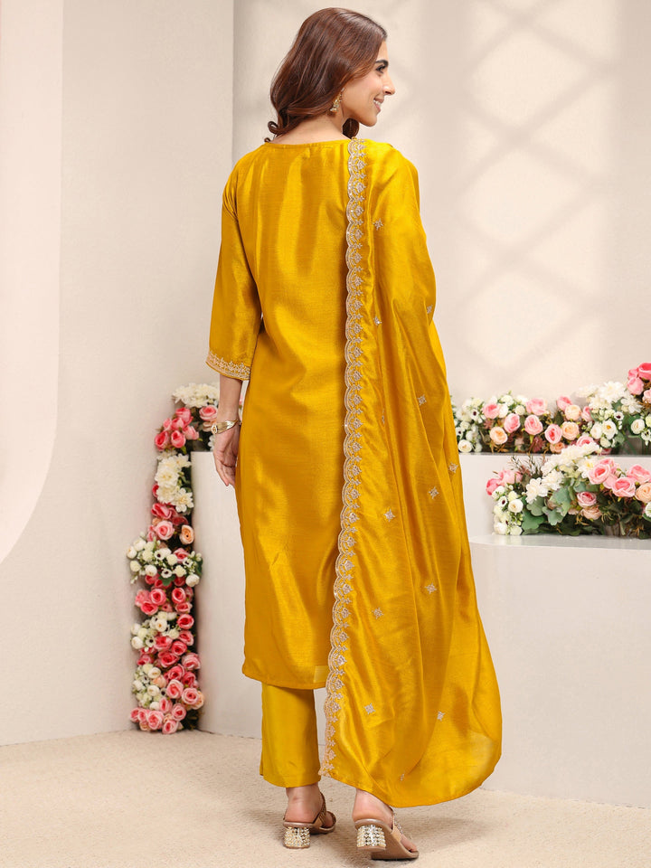 Mustard Embroidered Silk Blend Straight Suit Set With Dupatta