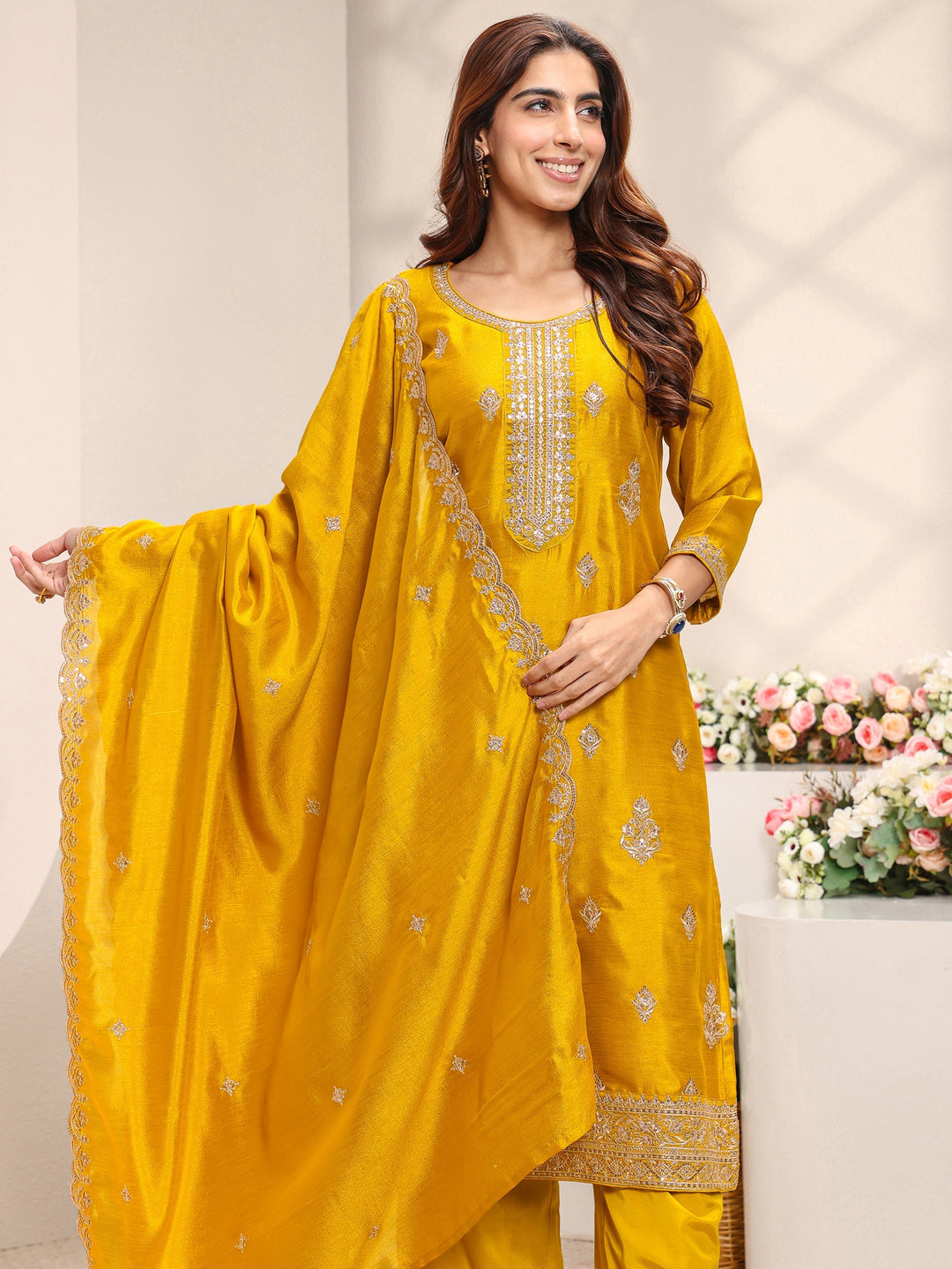 Mustard Embroidered Silk Blend Straight Suit Set With Dupatta