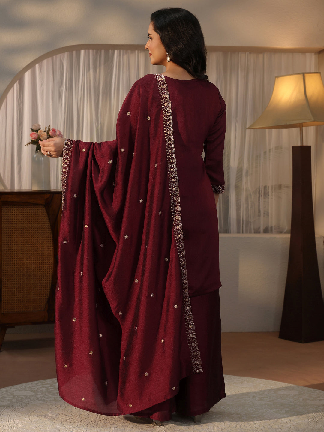 Libas Maroon Floral Embroidered Silk Blend Palazzo Suit Set