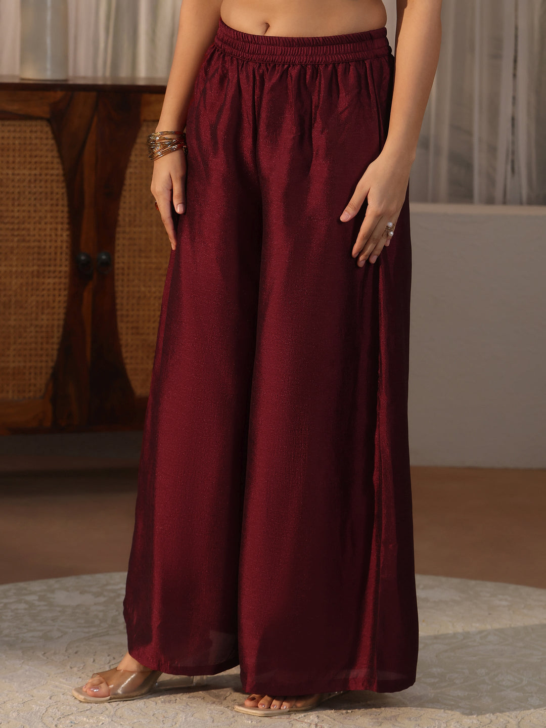 Libas Maroon Floral Embroidered Silk Blend Palazzo Suit Set