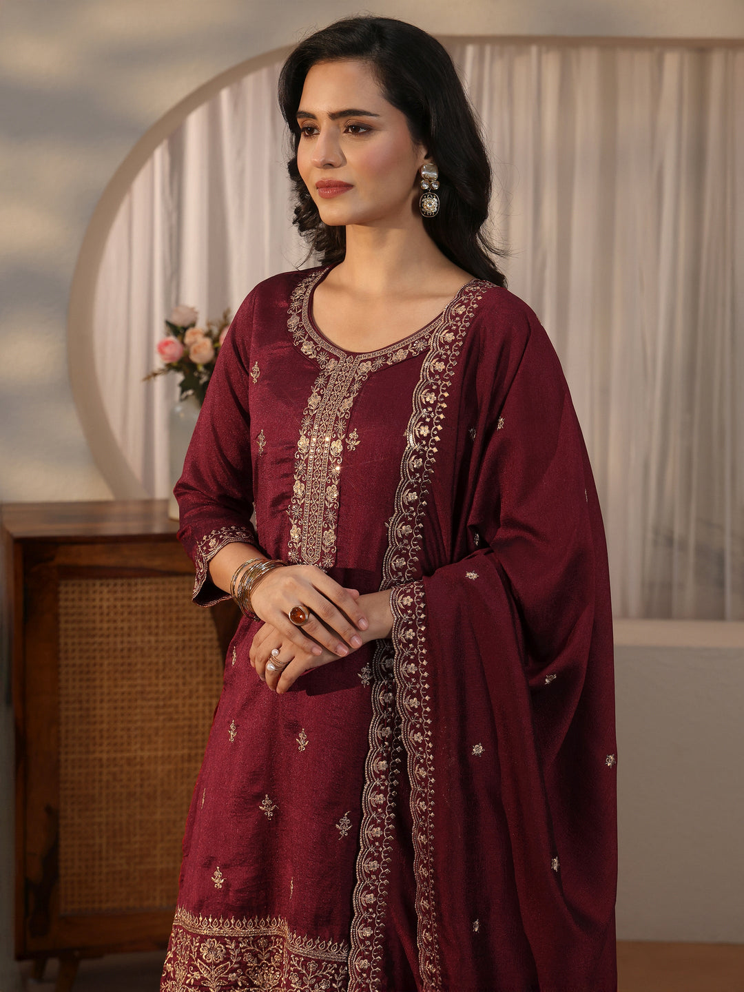 Libas Maroon Floral Embroidered Silk Blend Palazzo Suit Set