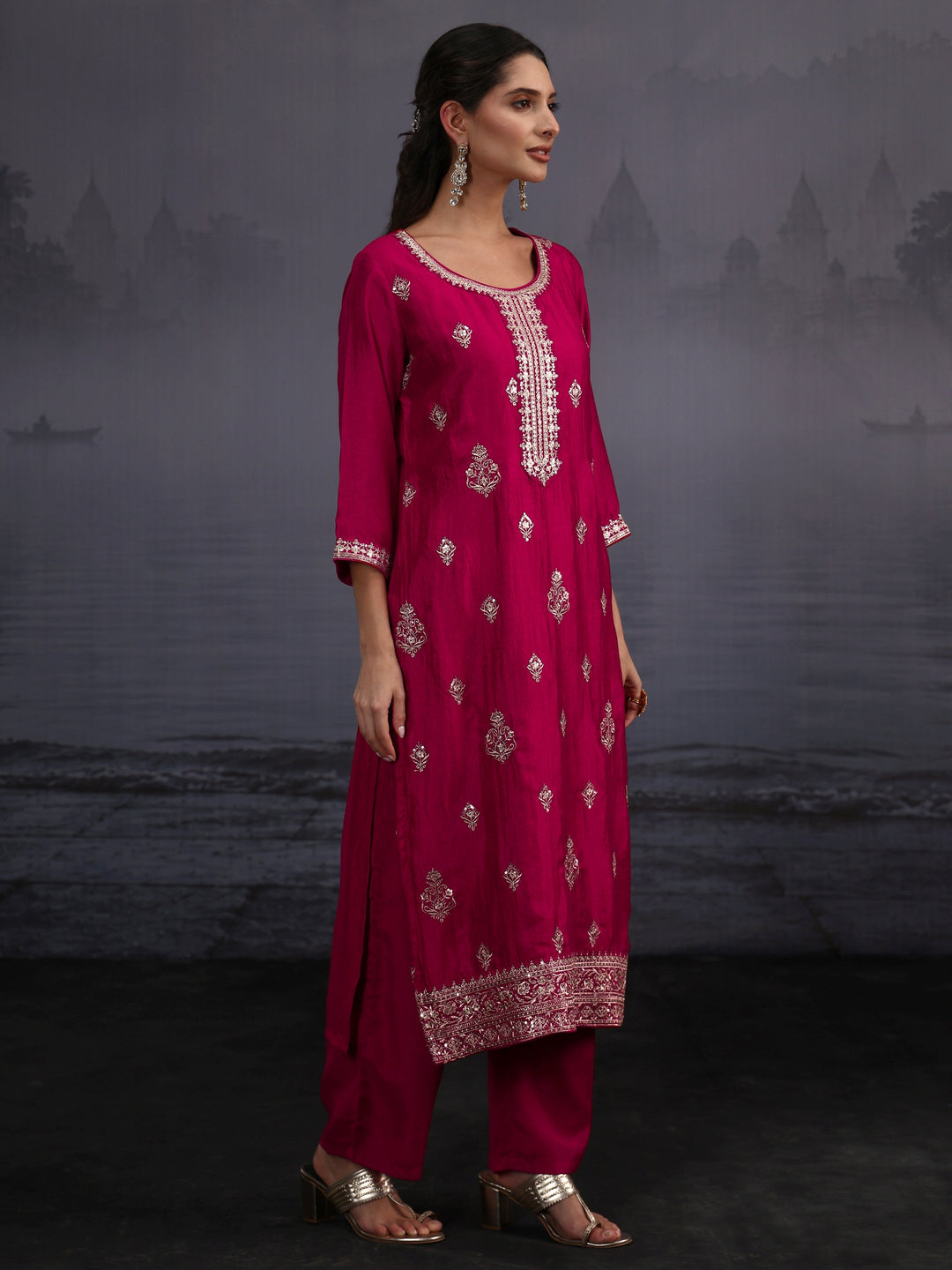 Libas Magenta Pink Embroidered Silk Blend Straight Suit Set