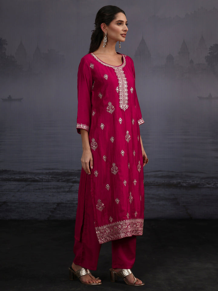 Libas Magenta Pink Embroidered Silk Blend Straight Suit Set