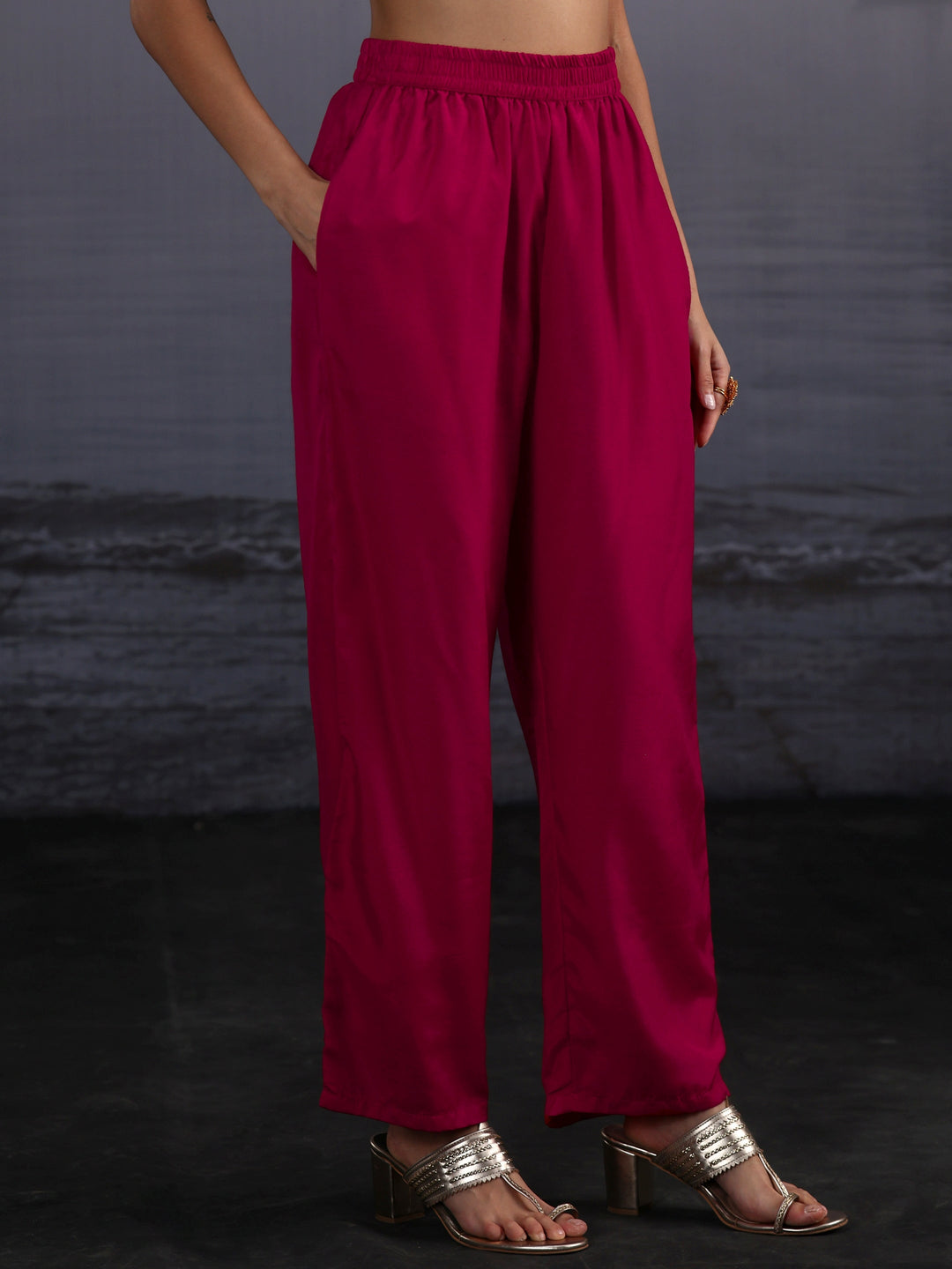 Libas Magenta Pink Embroidered Silk Blend Straight Suit Set
