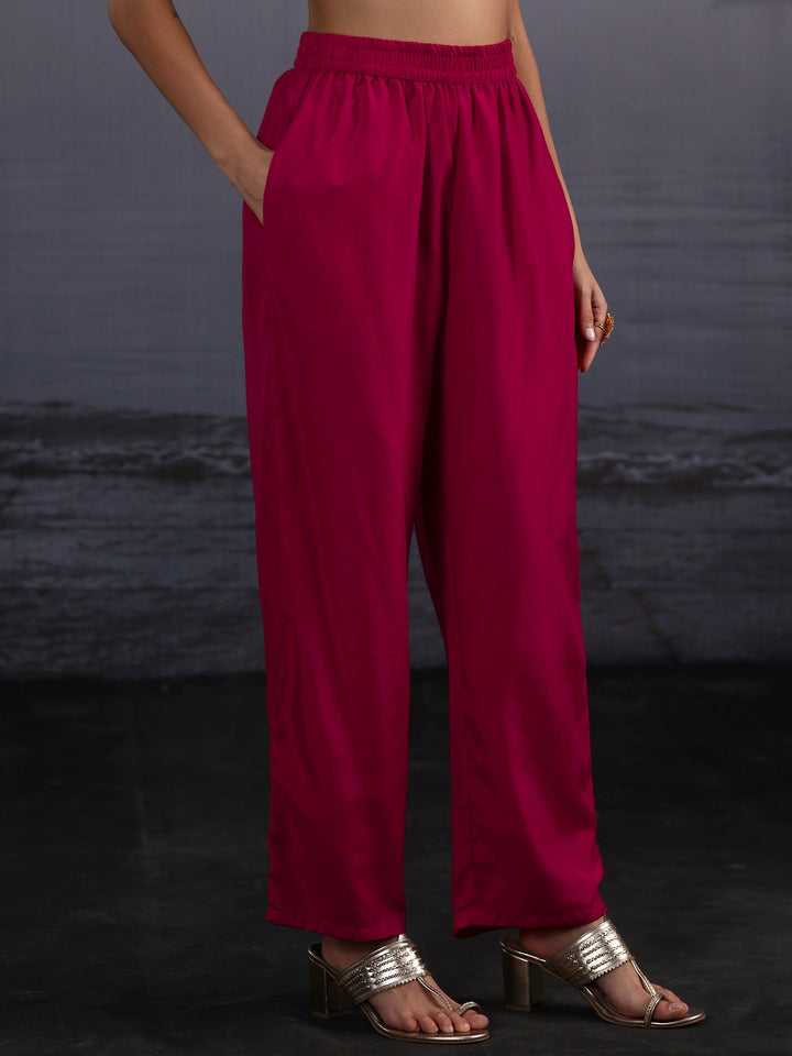 Libas Magenta Pink Embroidered Silk Blend Straight Suit Set