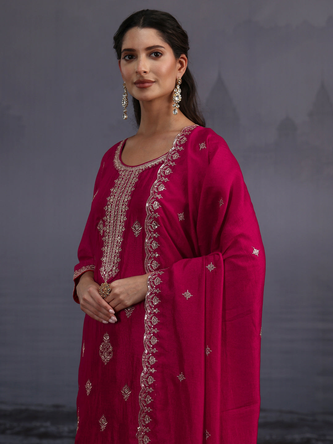 Libas Magenta Pink Embroidered Silk Blend Straight Suit Set