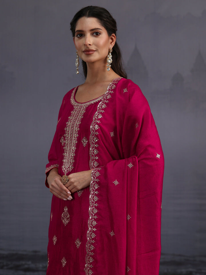Libas Magenta Pink Embroidered Silk Blend Straight Suit Set