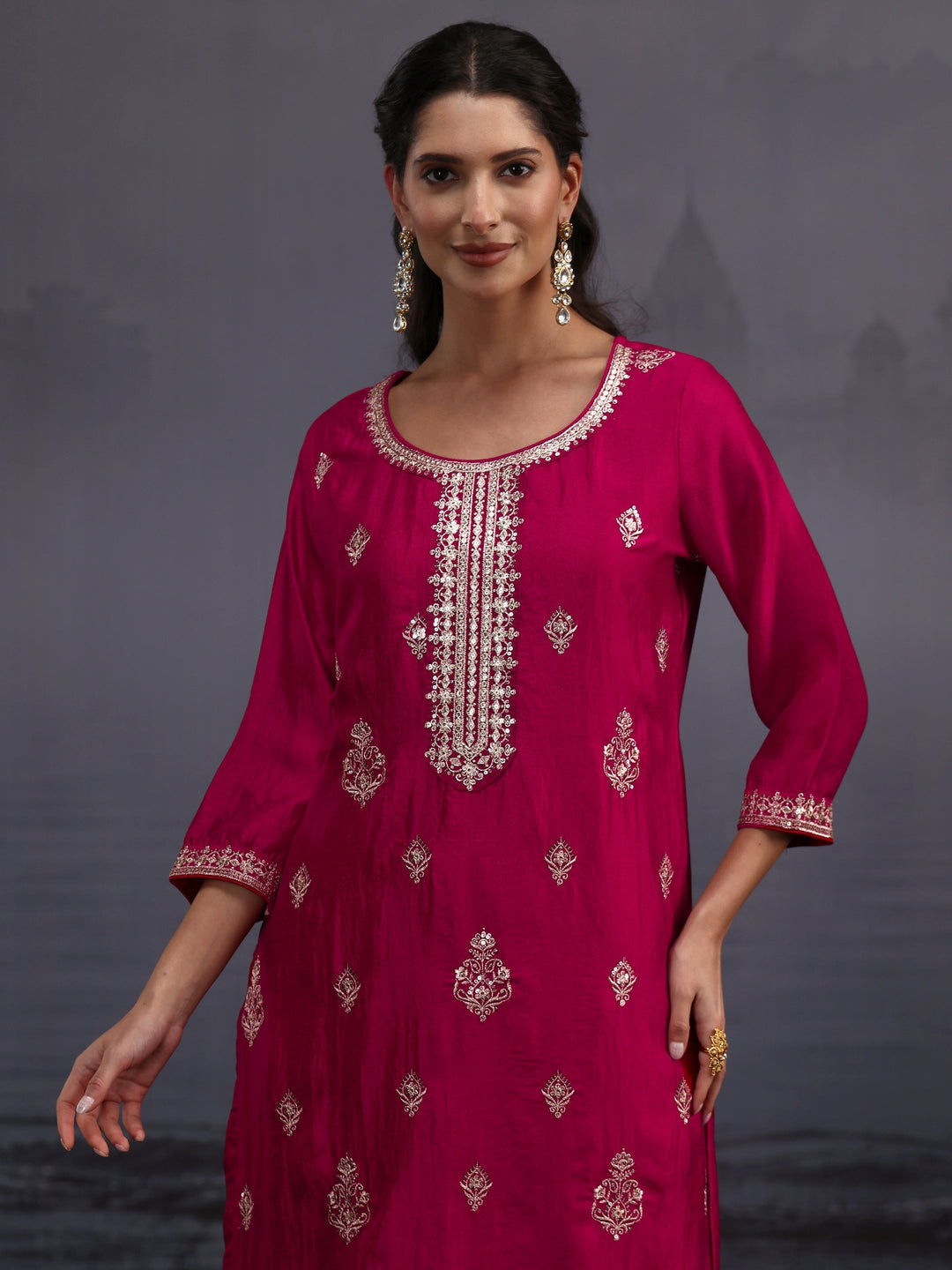 Libas Magenta Pink Embroidered Silk Blend Straight Suit Set