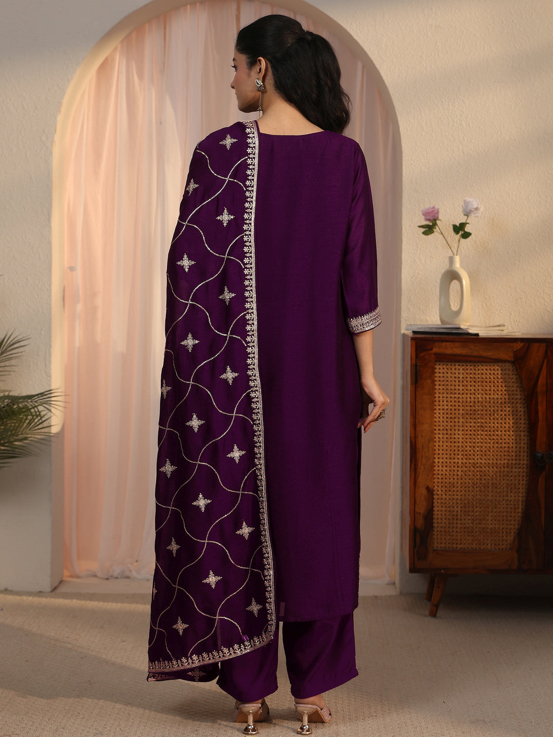 Libas Burgundy Ethnic Embroidered Silk Blend Straight Suit Set
