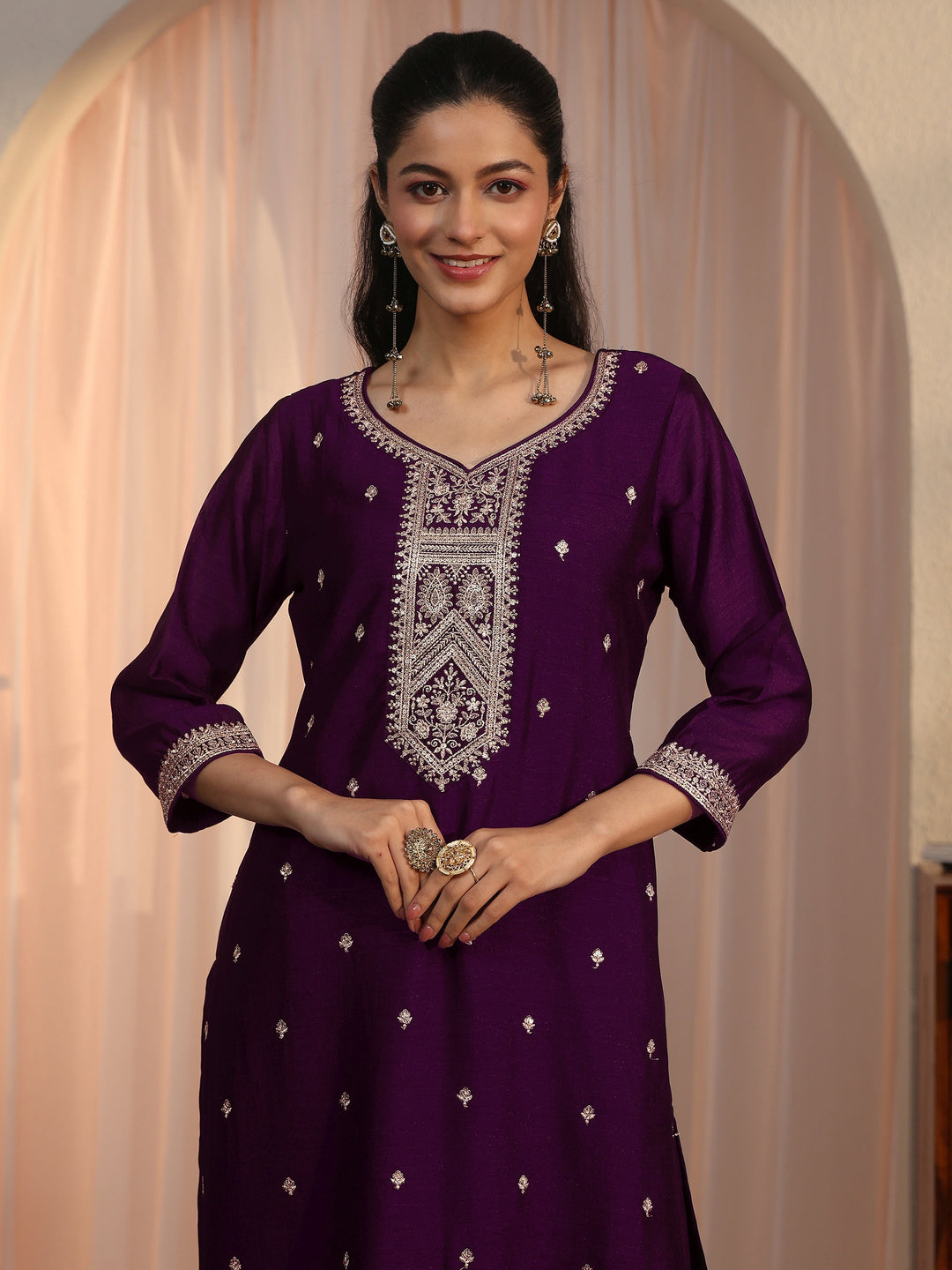 Libas Burgundy Ethnic Embroidered Silk Blend Straight Suit Set