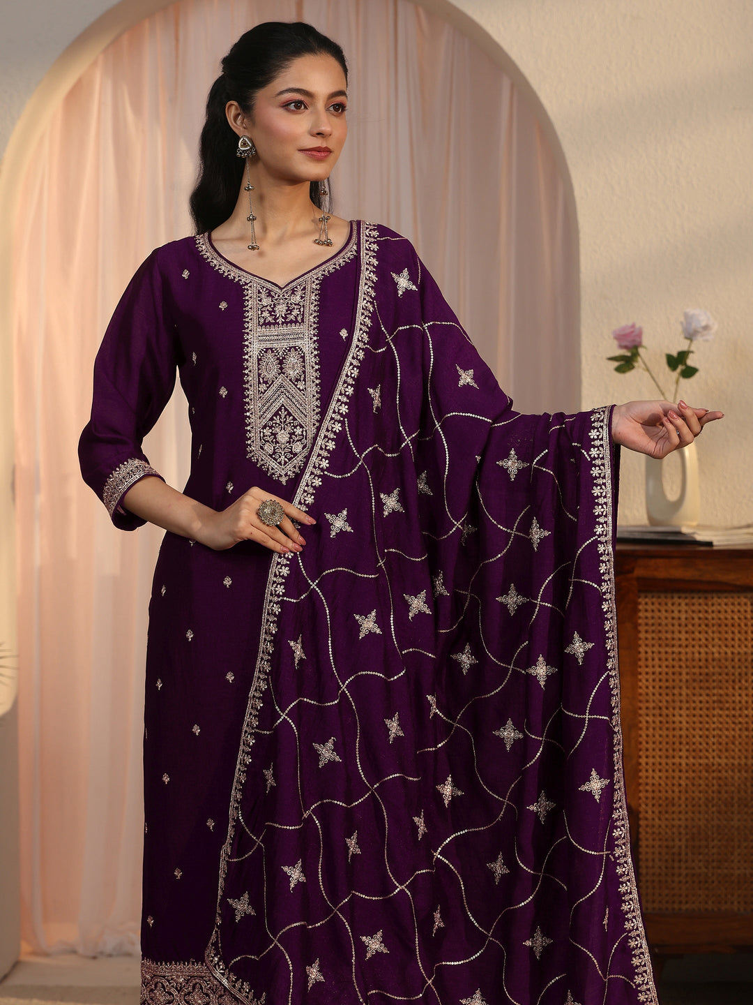 Libas Burgundy Ethnic Embroidered Silk Blend Straight Suit Set