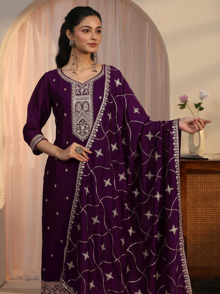 Libas Burgundy Ethnic Embroidered Silk Blend Straight Suit Set