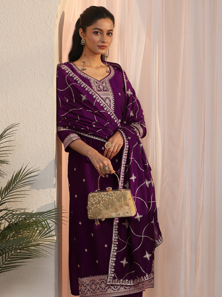 Libas Burgundy Ethnic Embroidered Silk Blend Straight Suit Set