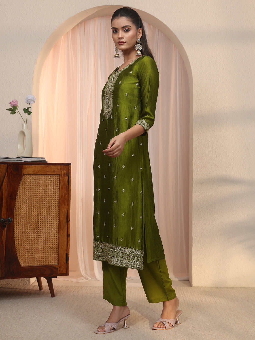 Libas Henna Green Ethnic Embroidered Silk Blend Straight Suit Set