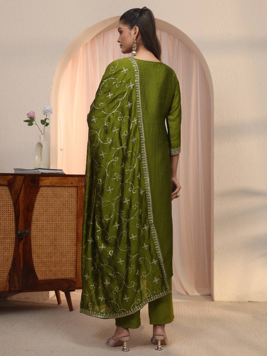 Libas Henna Green Ethnic Embroidered Silk Blend Straight Suit Set