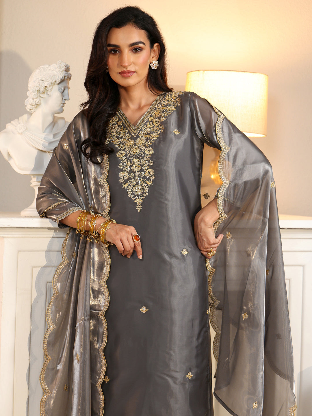 Libas Slate Grey Floral Embellished Tissue Straight Suit Set