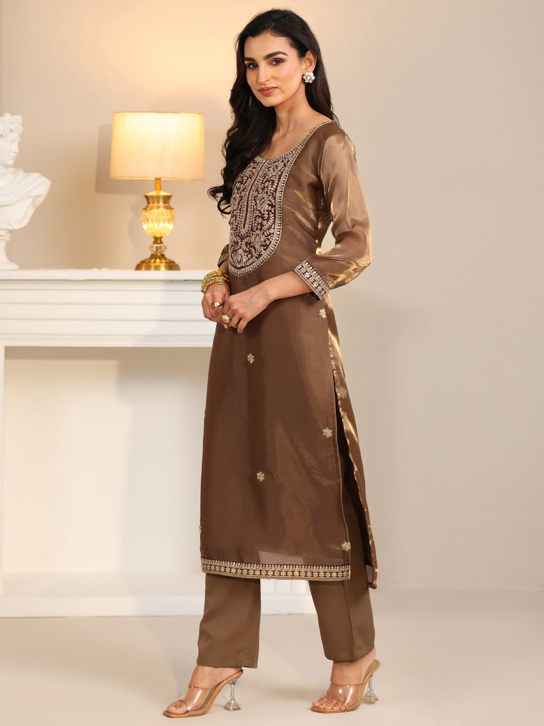 Libas Taupe Tissue Straight Suit Set with Embellished Yoke