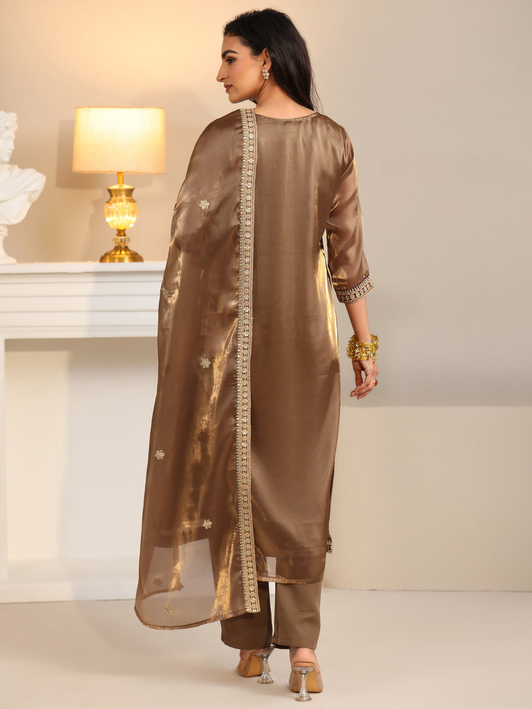 Libas Taupe Tissue Straight Suit Set with Embellished Yoke
