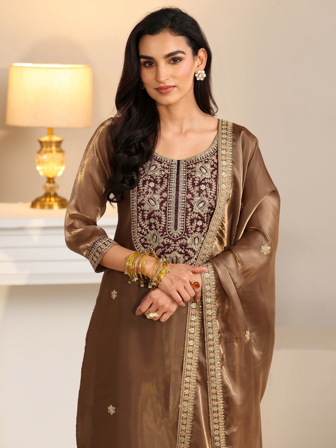 Libas Taupe Tissue Straight Suit Set with Embellished Yoke