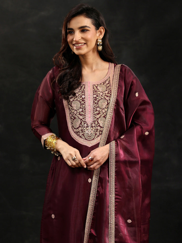 Libas Maroon Yoke Design Tissue Straight Suit Set