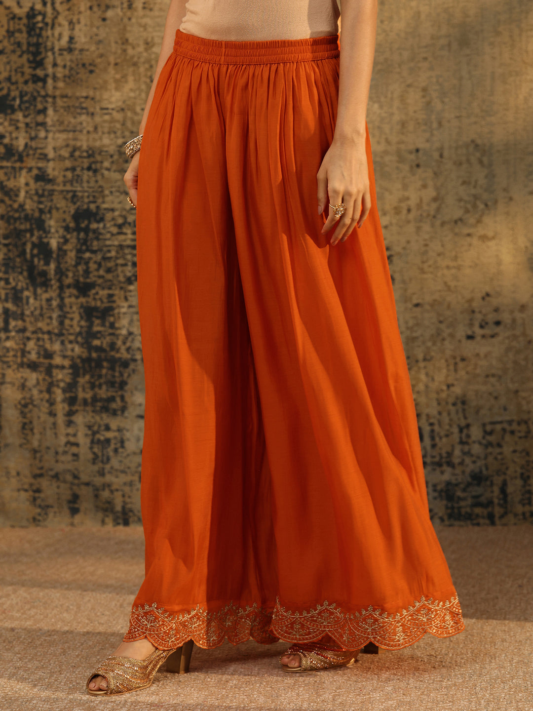 Libas Orange Embroidered Chanderi Cotton Anarkali Palazzo Suit Set