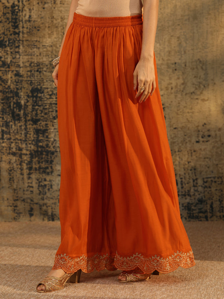 Libas Orange Embroidered Chanderi Cotton Anarkali Palazzo Suit Set