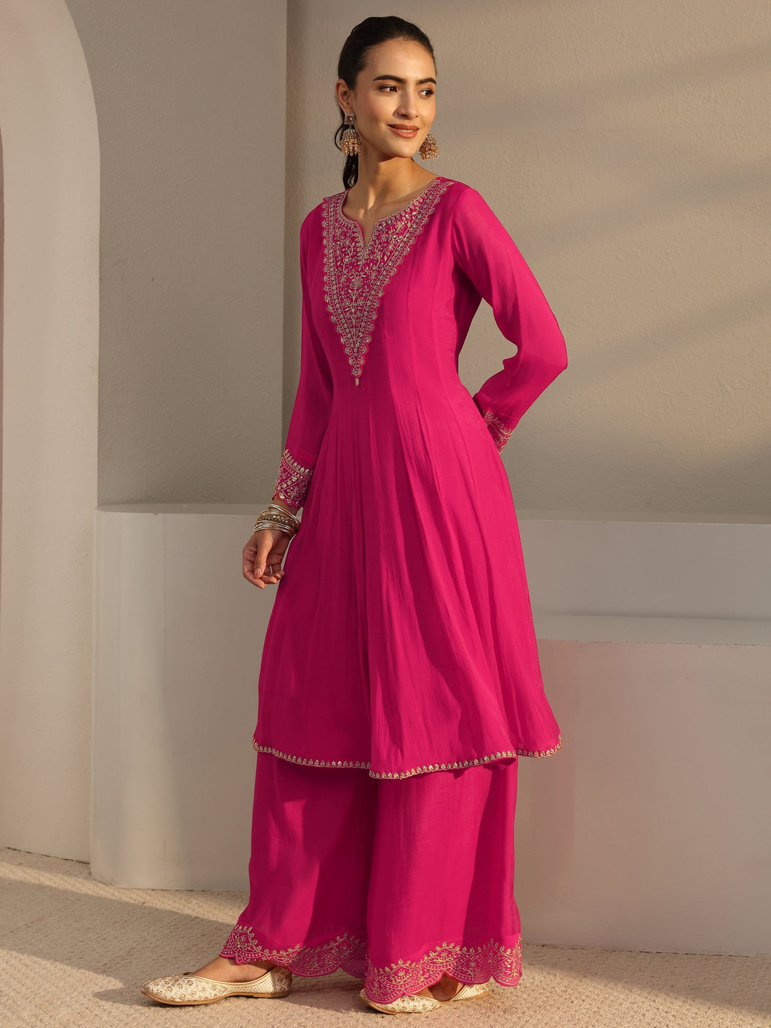 Pink Embroidered Chanderi Cotton A-Line Suit Set With Dupatta
