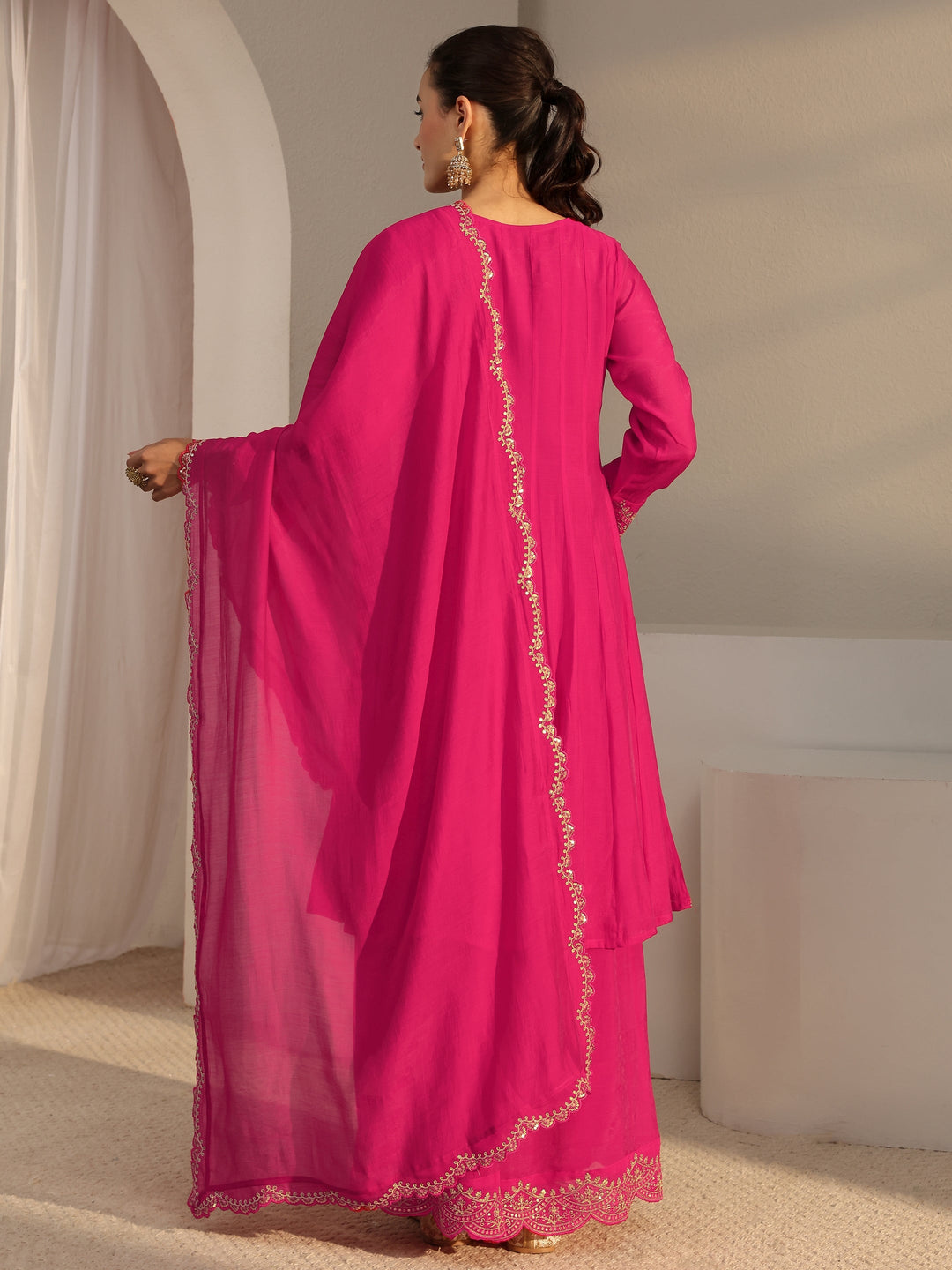 Pink Embroidered Chanderi Cotton A-Line Suit Set With Dupatta